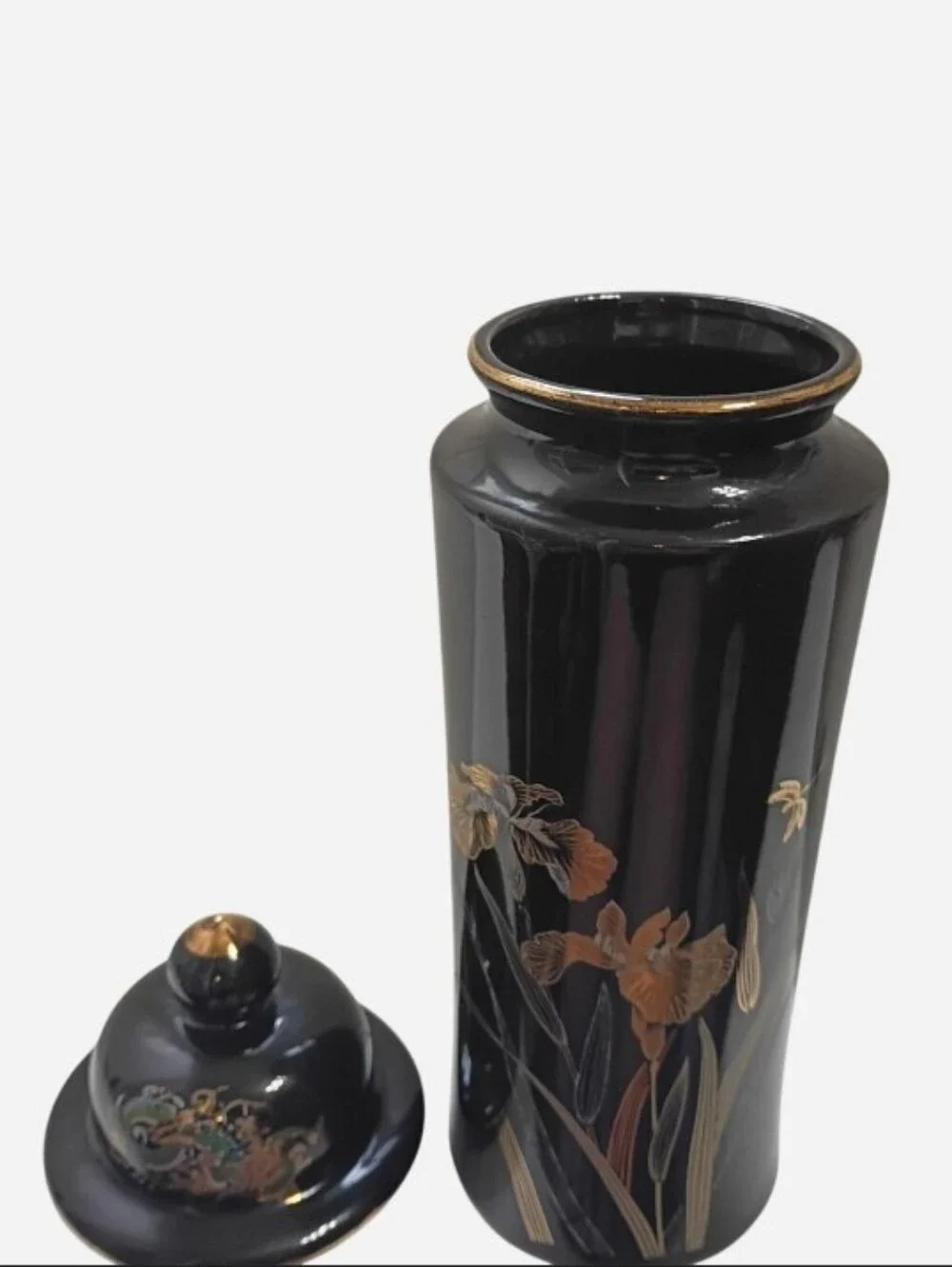 VTG Black Ceramic Japanese Lidded Gilt Vase W/Dragon Dragonfly & Iris Pattern - Picture 5 of 8